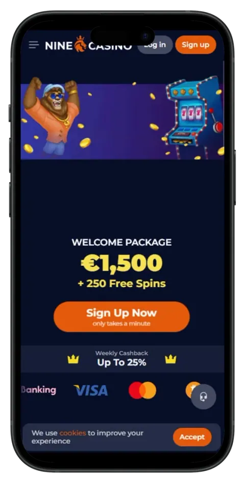 Nine Casino mobile — pagina di benvenuto